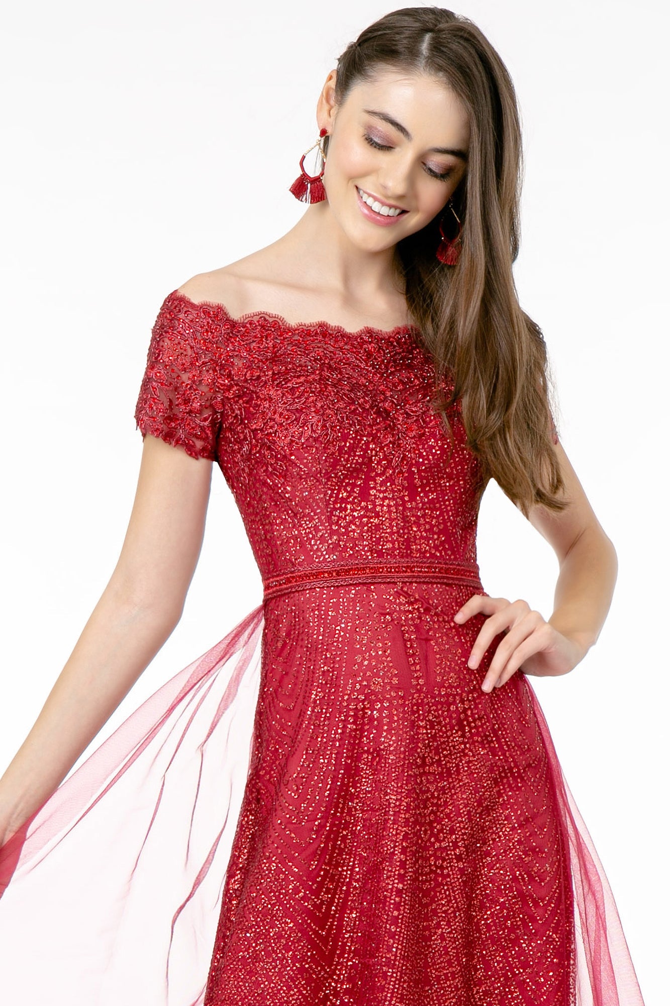 Glitter Print Mesh Cut-Away Shoulder A-Line Long Mother Of The Bride Dress GLGL2942