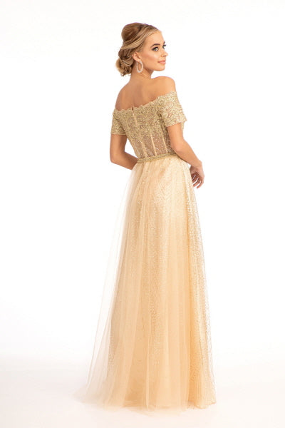 Glitter Print Mesh Cut-Away Shoulder A-Line Long Mother Of The Bride Dress GLGL2942