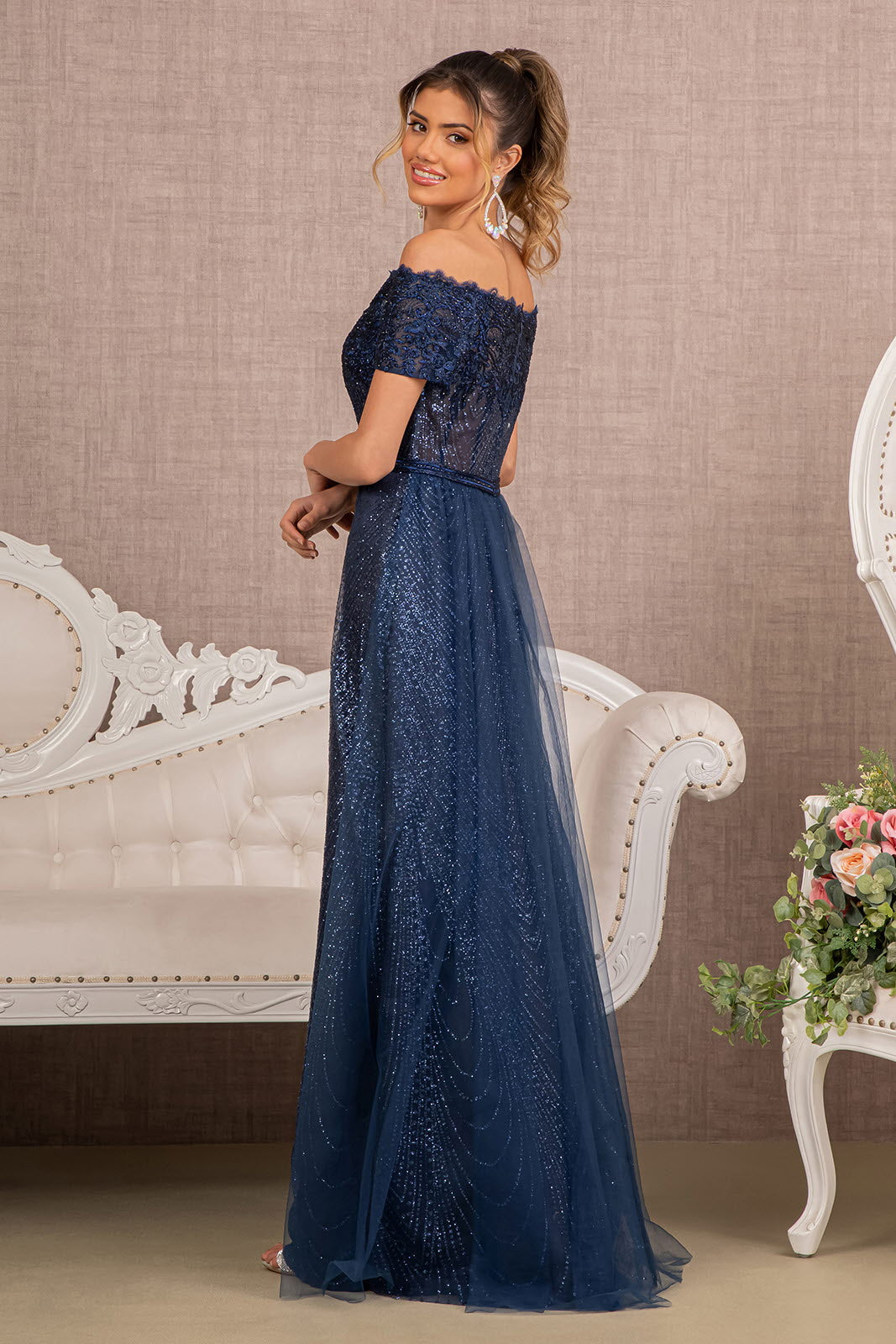 Glitter Print Mesh Cut-Away Shoulder A-Line Long Mother Of The Bride Dress GLGL2942