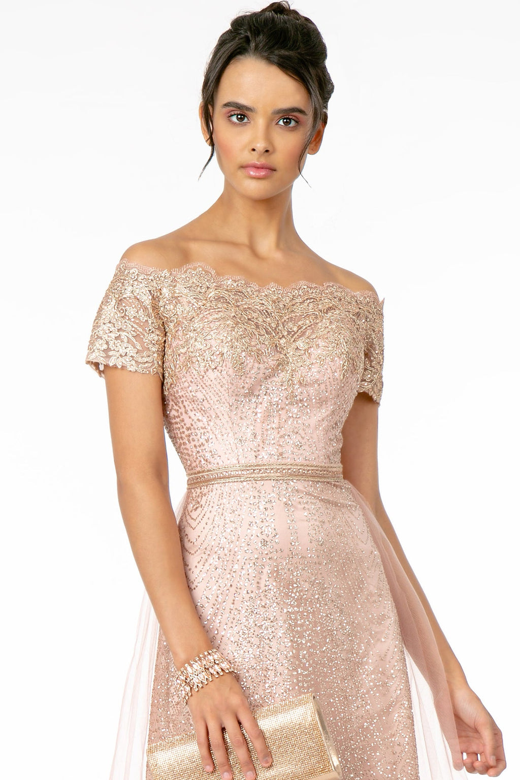 Glitter Print Mesh Cut-Away Shoulder A-Line Long Mother Of The Bride Dress GLGL2942