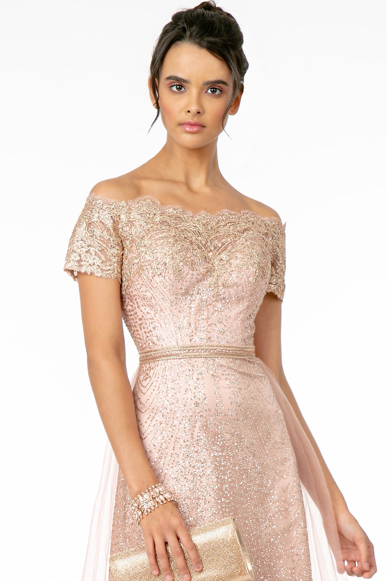 Glitter Print Mesh Cut-Away Shoulder A-Line Long Mother Of The Bride Dress GLGL2942