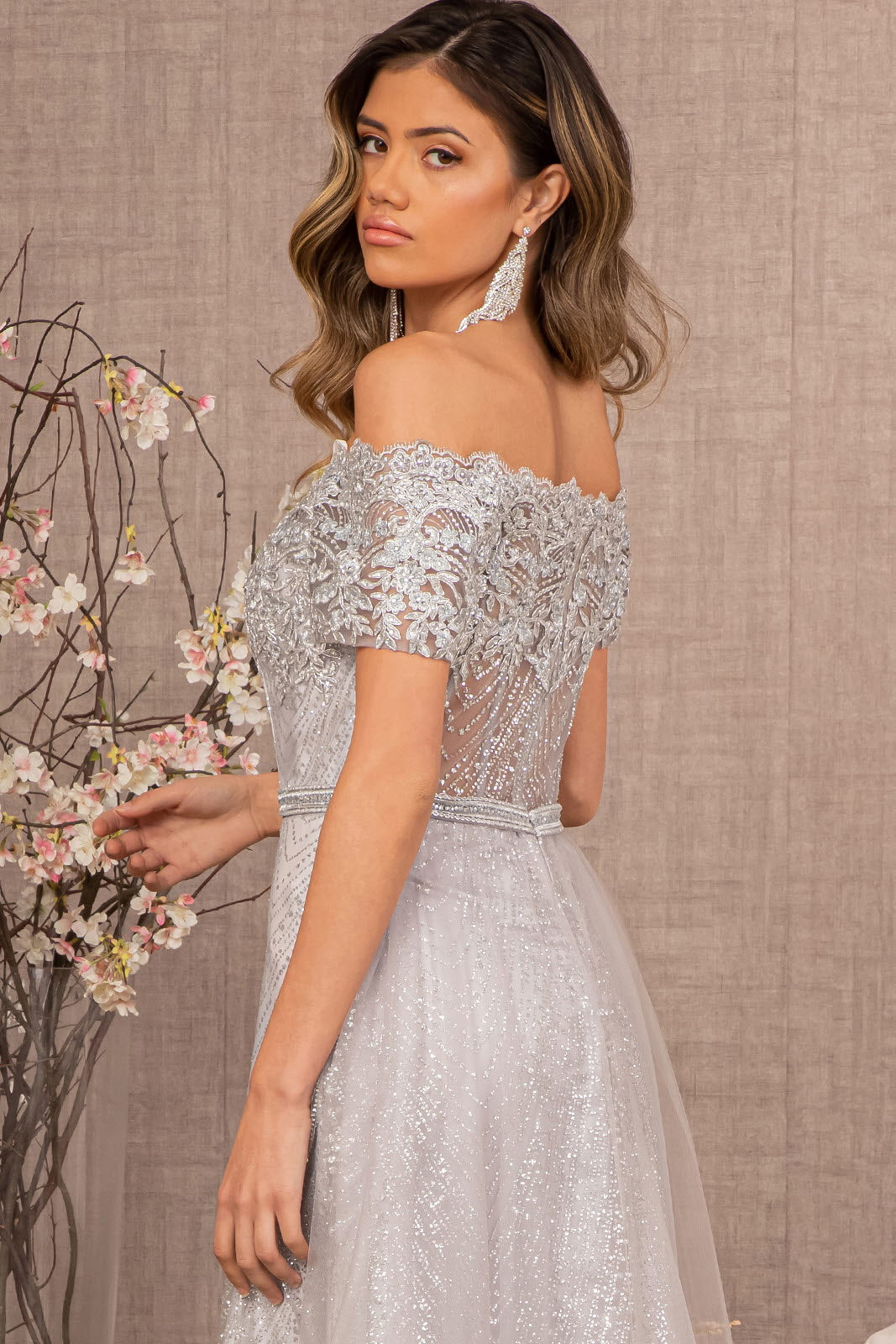 Glitter Print Mesh Cut-Away Shoulder A-Line Long Mother Of The Bride Dress GLGL2942