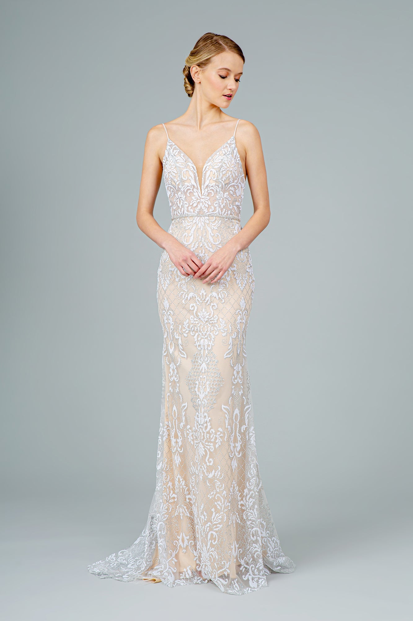 Jeweled Waist Band Accented Glitter Mesh Long Prom Dress GLGL2990