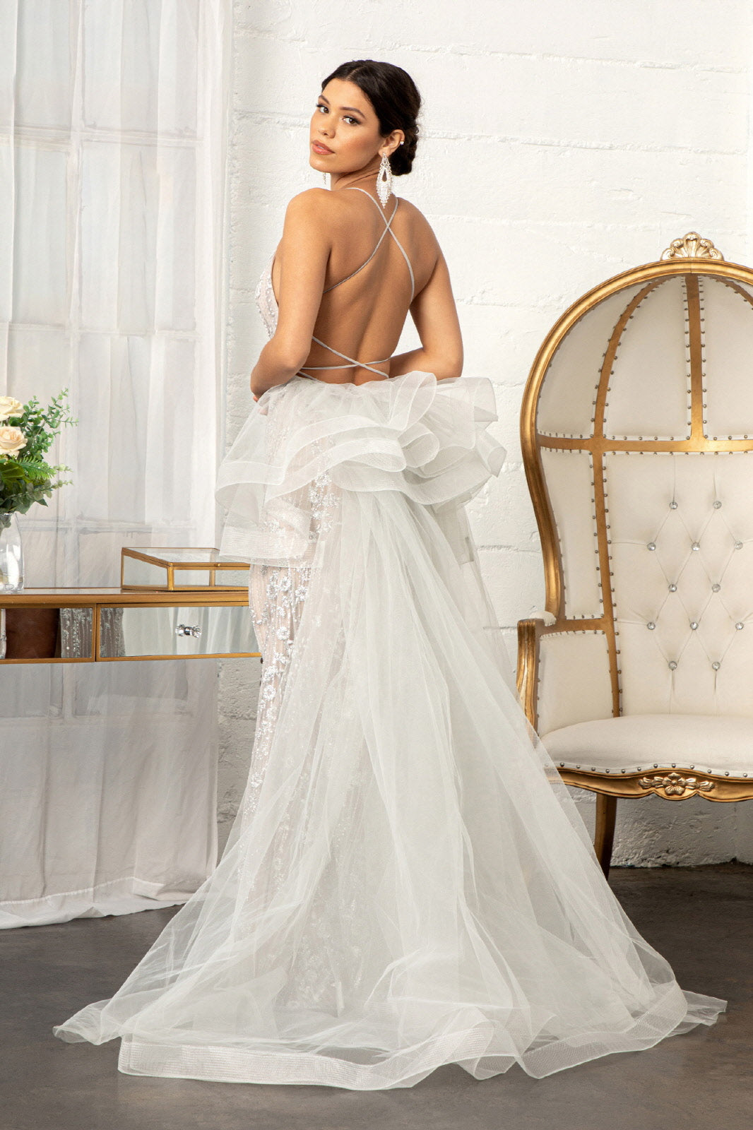 Jewel Embellished Mesh Mermaid w/ Side Slit and Detached Mesh Layer Long Prom Dress GLGL3003
