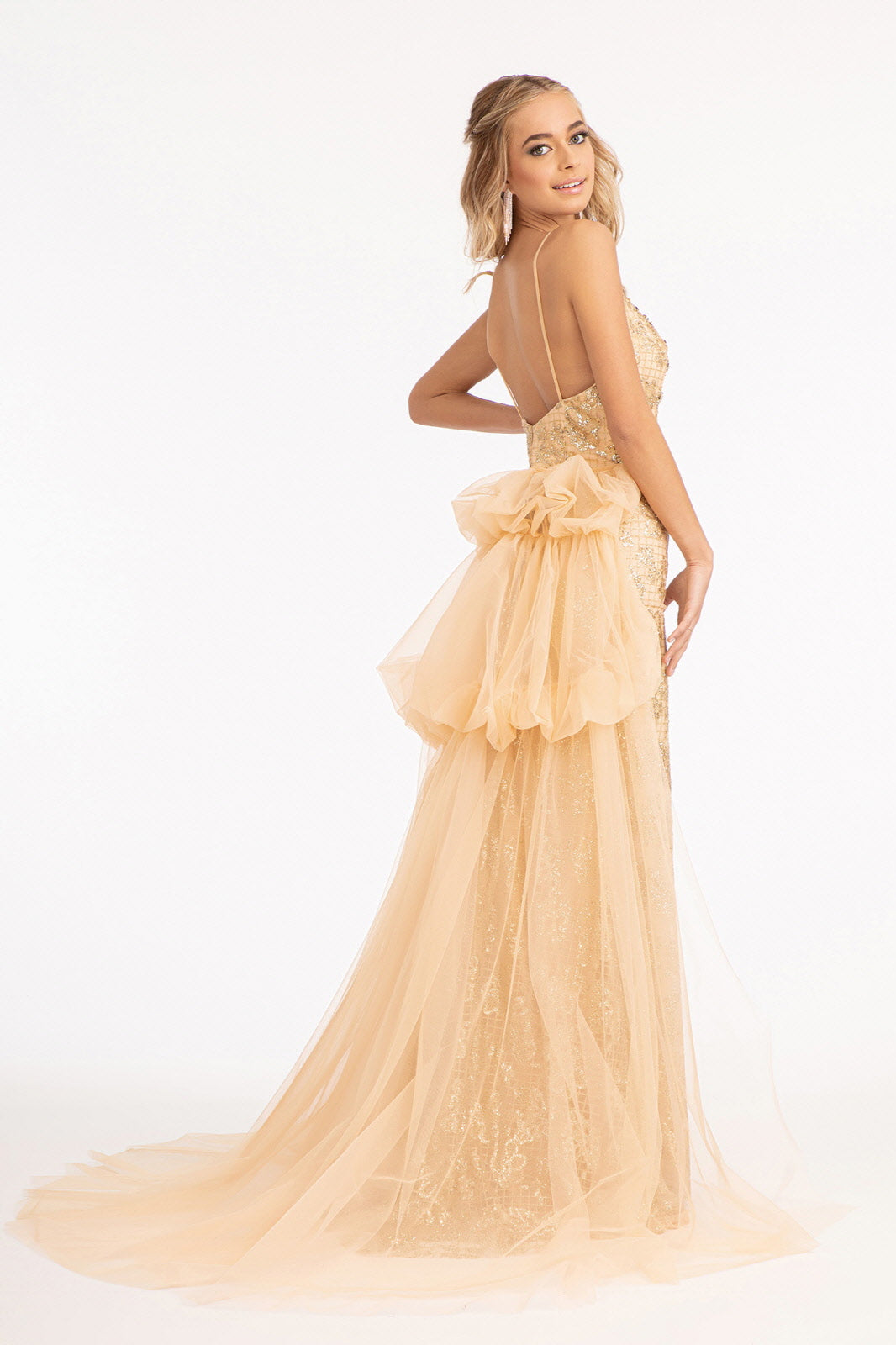 Glitter Embellished Mesh Mermaid Jewel Embellishment and Detached Layer Long Prom Dress GLGL3004