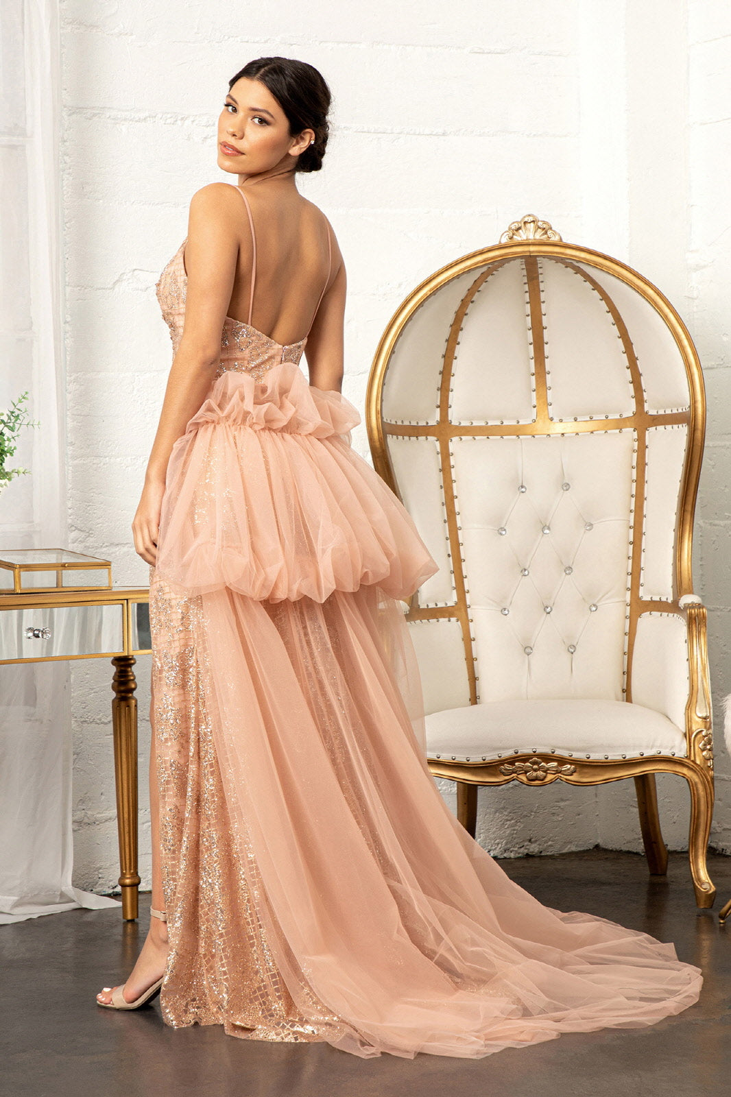 Glitter Embellished Mesh Mermaid Jewel Embellishment and Detached Layer Long Prom Dress GLGL3004
