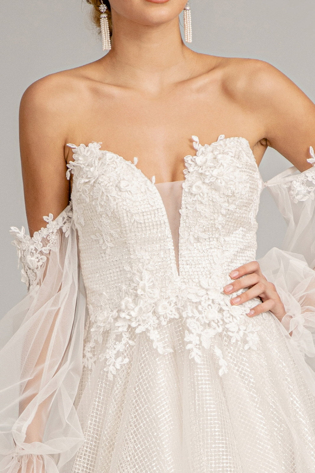 3D Flower Embellished Glitter Netting A-line w/ Detached Long Sleeves Long Prom Dress GLGL3015