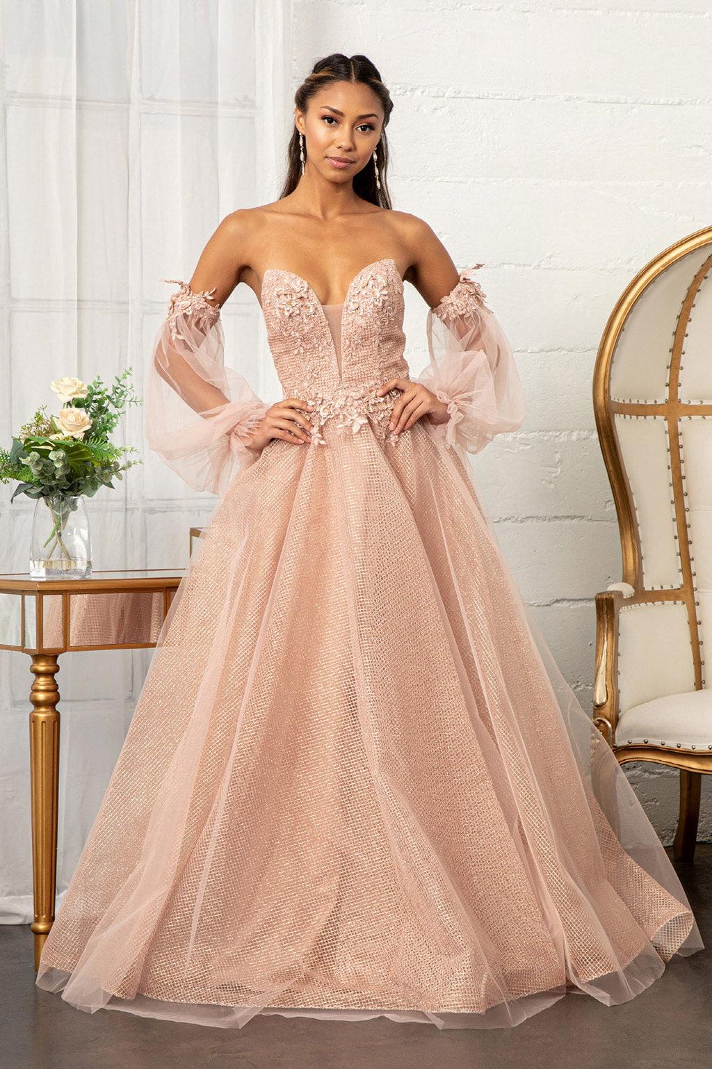 3D Flower Embellished Glitter Netting A-line w/ Detached Long Sleeves Long Prom Dress GLGL3015