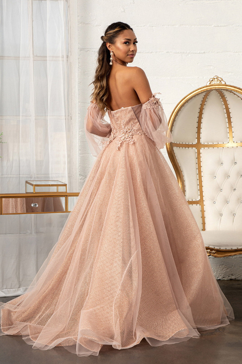 3D Flower Embellished Glitter Netting A-line w/ Detached Long Sleeves Long Prom Dress GLGL3015