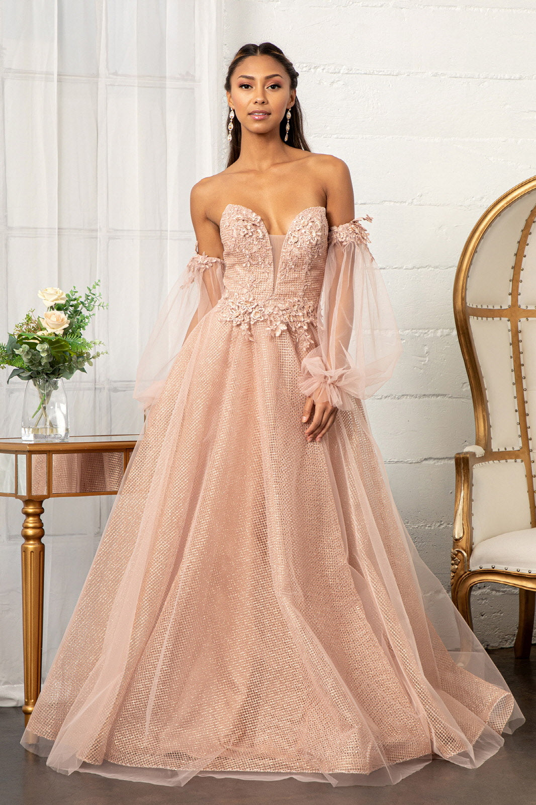 3D Flower Embellished Glitter Netting A-line w/ Detached Long Sleeves Long Prom Dress GLGL3015