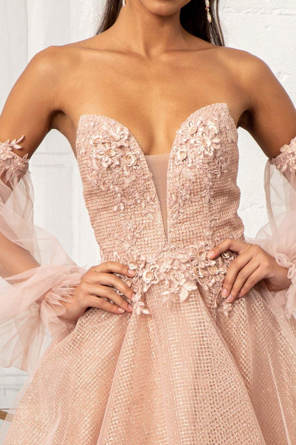 3D Flower Embellished Glitter Netting A-line w/ Detached Long Sleeves Long Prom Dress GLGL3015
