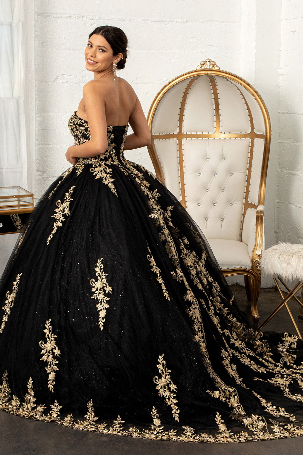 Jewel Embellished Tulle w/ Embroidered Mesh Cape Quinceanera Ball Dress GLGL3016