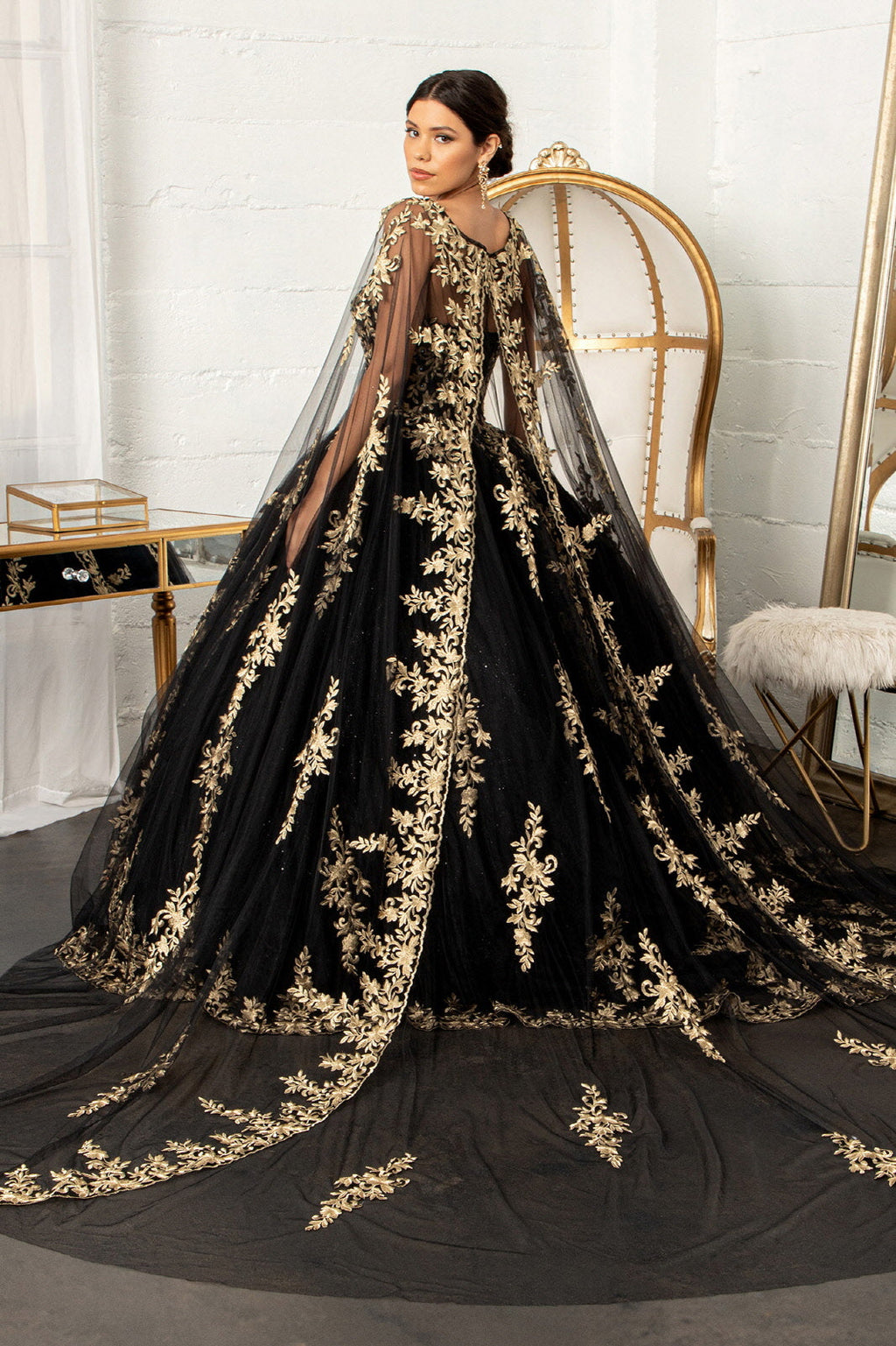 Jewel Embellished Tulle w/ Embroidered Mesh Cape Quinceanera Ball Dress GLGL3016