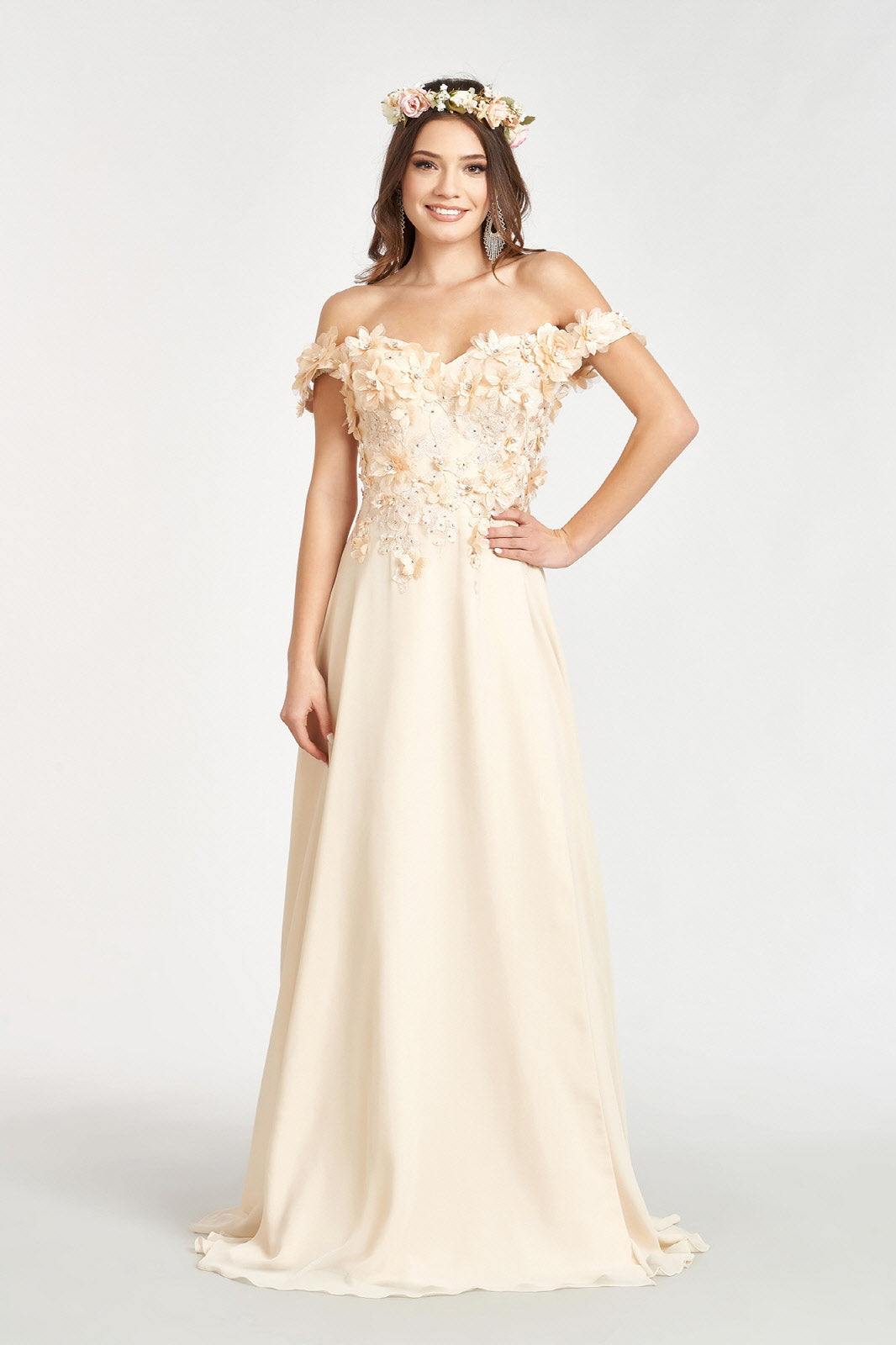 Floral 3D Applique Embellished Bodice A-Line Chiffon Long Prom Dress GLGL3018