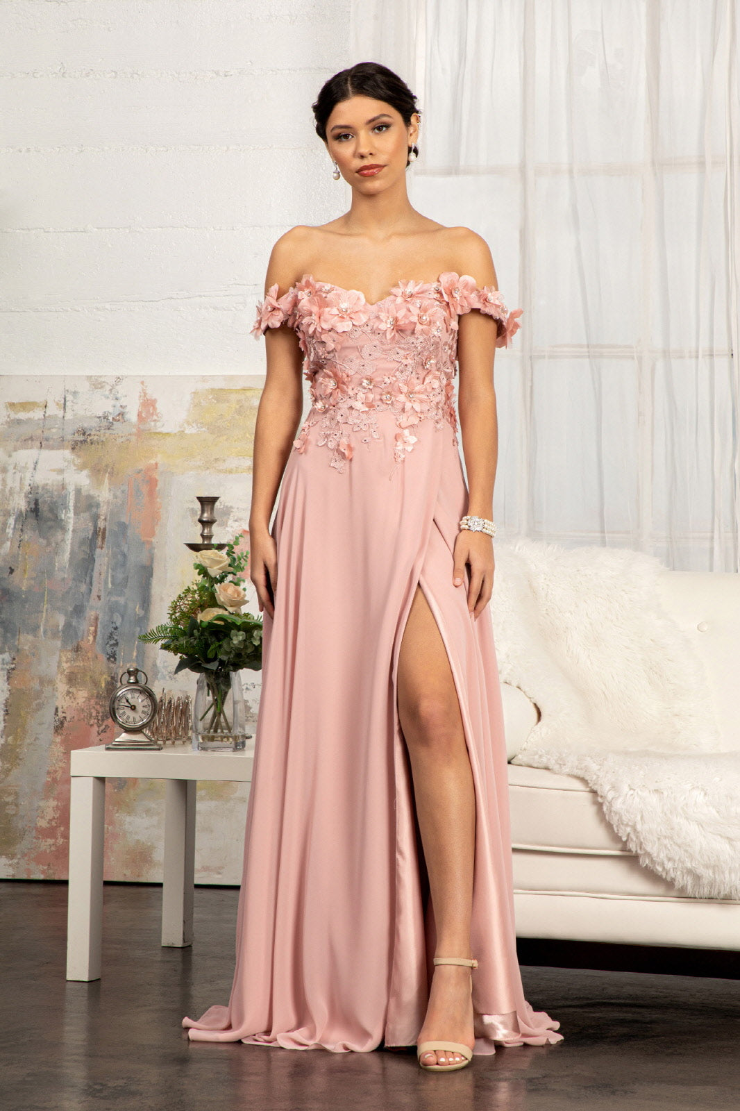 Floral 3D Applique Embellished Bodice A-Line Chiffon Long Prom Dress GLGL3018
