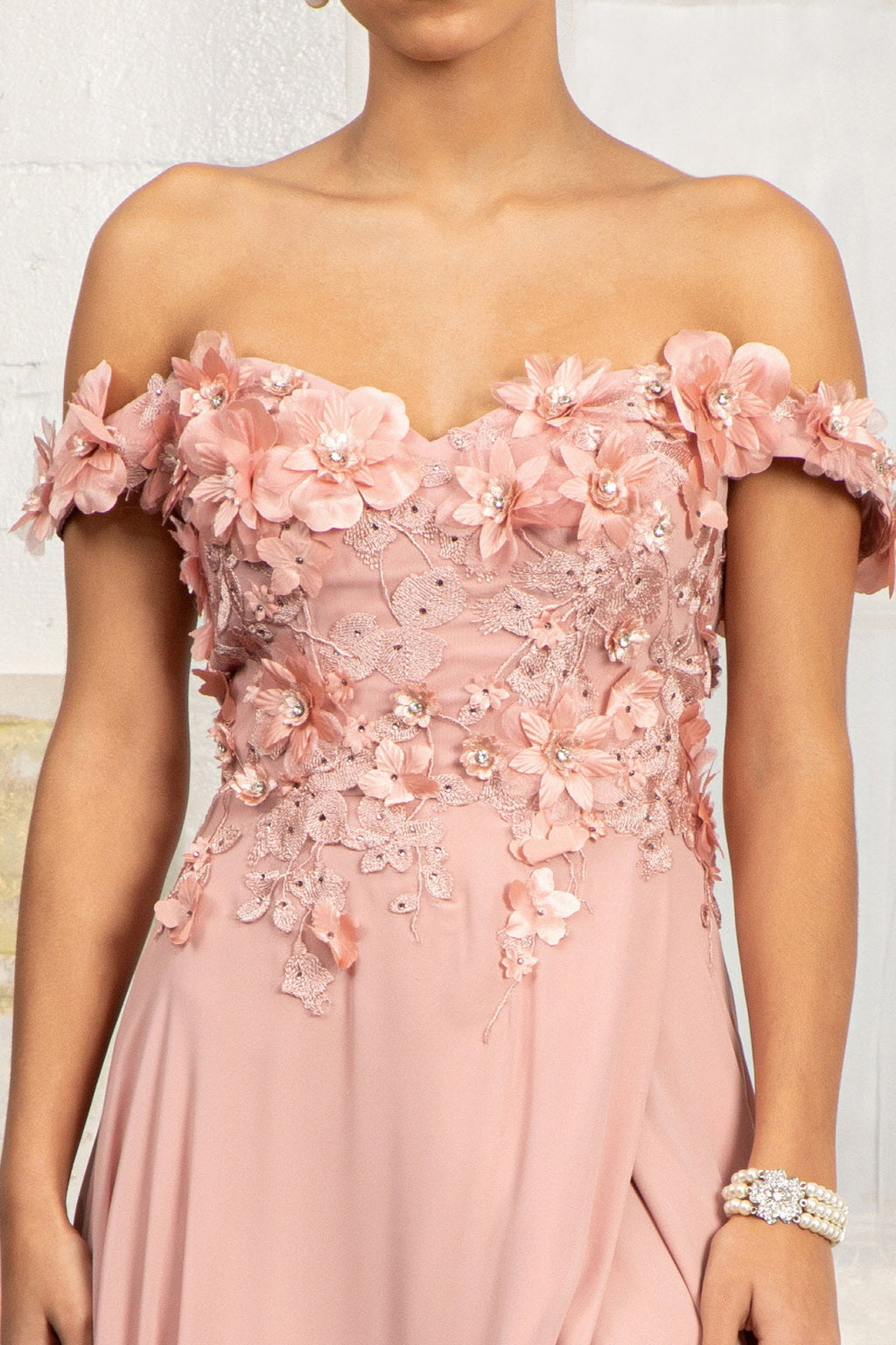 Floral 3D Applique Embellished Bodice A-Line Chiffon Long Prom Dress GLGL3018