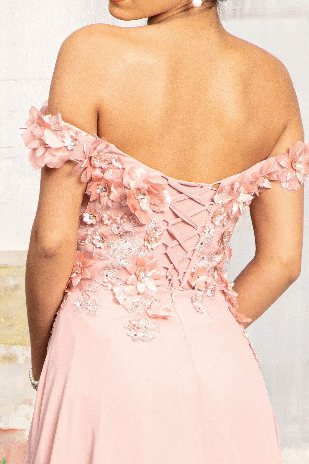 Floral 3D Applique Embellished Bodice A-Line Chiffon Long Prom Dress GLGL3018