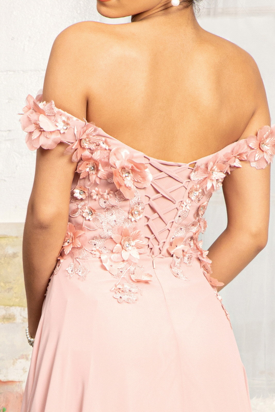 Floral 3D Applique Embellished Bodice A-Line Chiffon Long Prom Dress GLGL3018