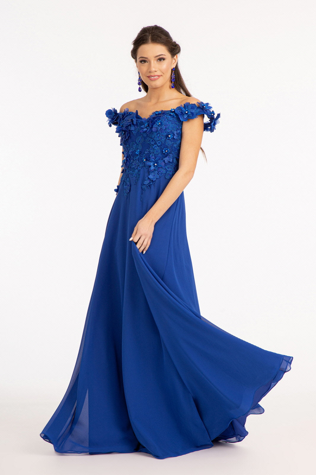 Floral 3D Applique Embellished Bodice A-Line Chiffon Long Prom Dress GLGL3018