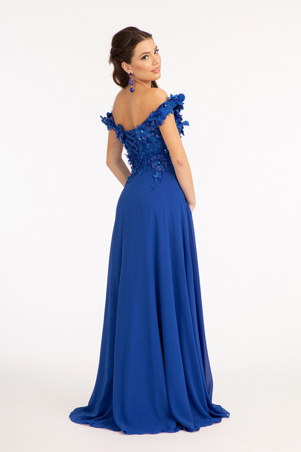 Floral 3D Applique Embellished Bodice A-Line Chiffon Long Prom Dress GLGL3018