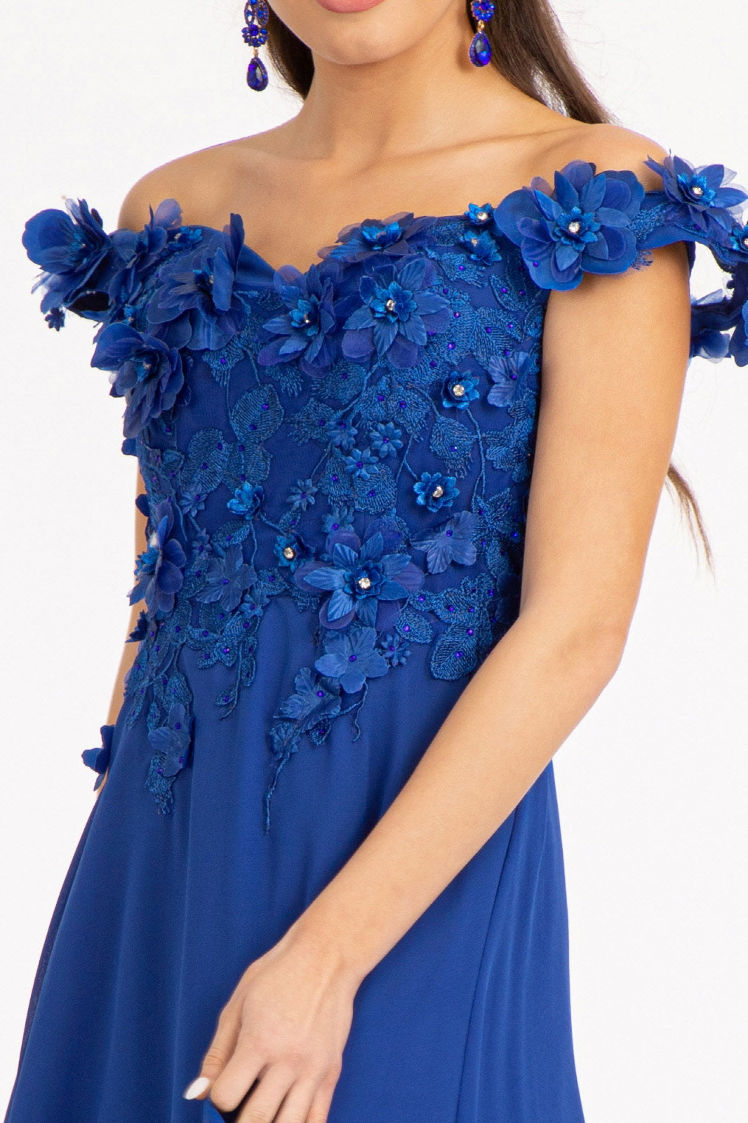 Floral 3D Applique Embellished Bodice A-Line Chiffon Long Prom Dress GLGL3018