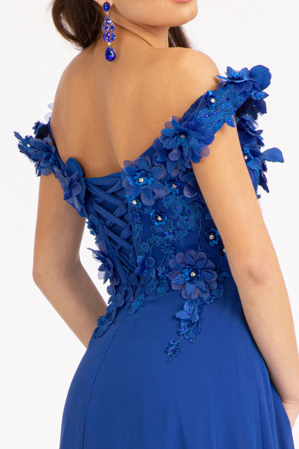 Floral 3D Applique Embellished Bodice A-Line Chiffon Long Prom Dress GLGL3018