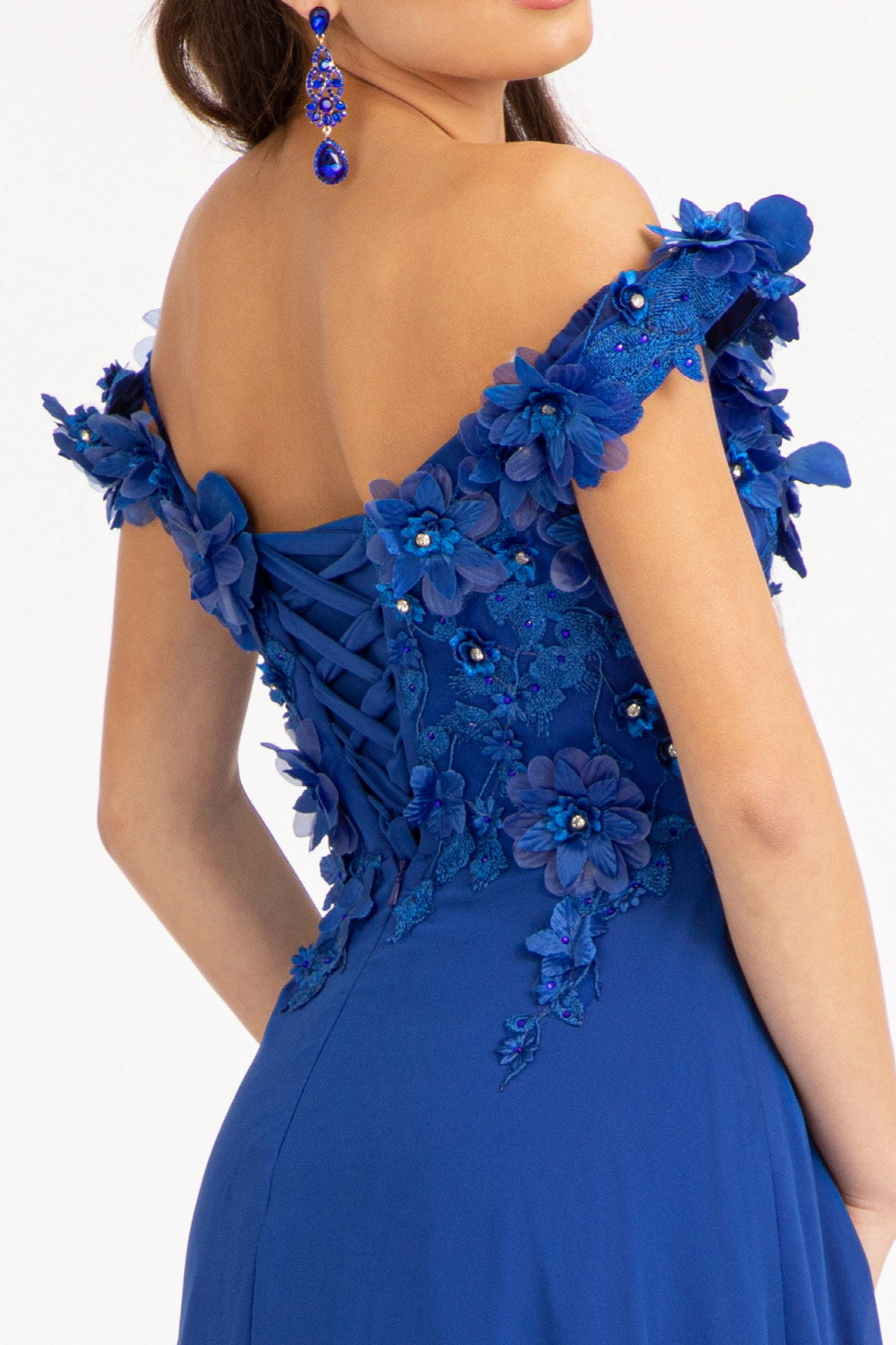 Floral 3D Applique Embellished Bodice A-Line Chiffon Long Prom Dress GLGL3018