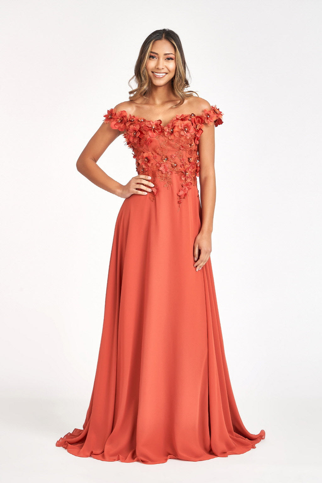 Floral 3D Applique Embellished Bodice A-Line Chiffon Long Prom Dress GLGL3018