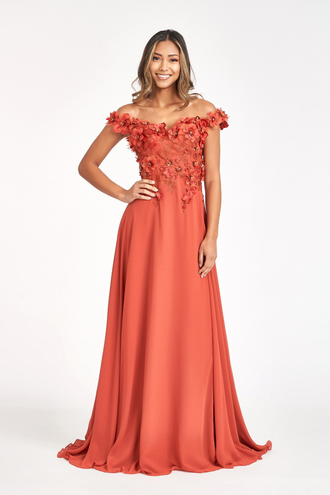 Floral 3D Applique Embellished Bodice A-Line Chiffon Long Prom Dress GLGL3018