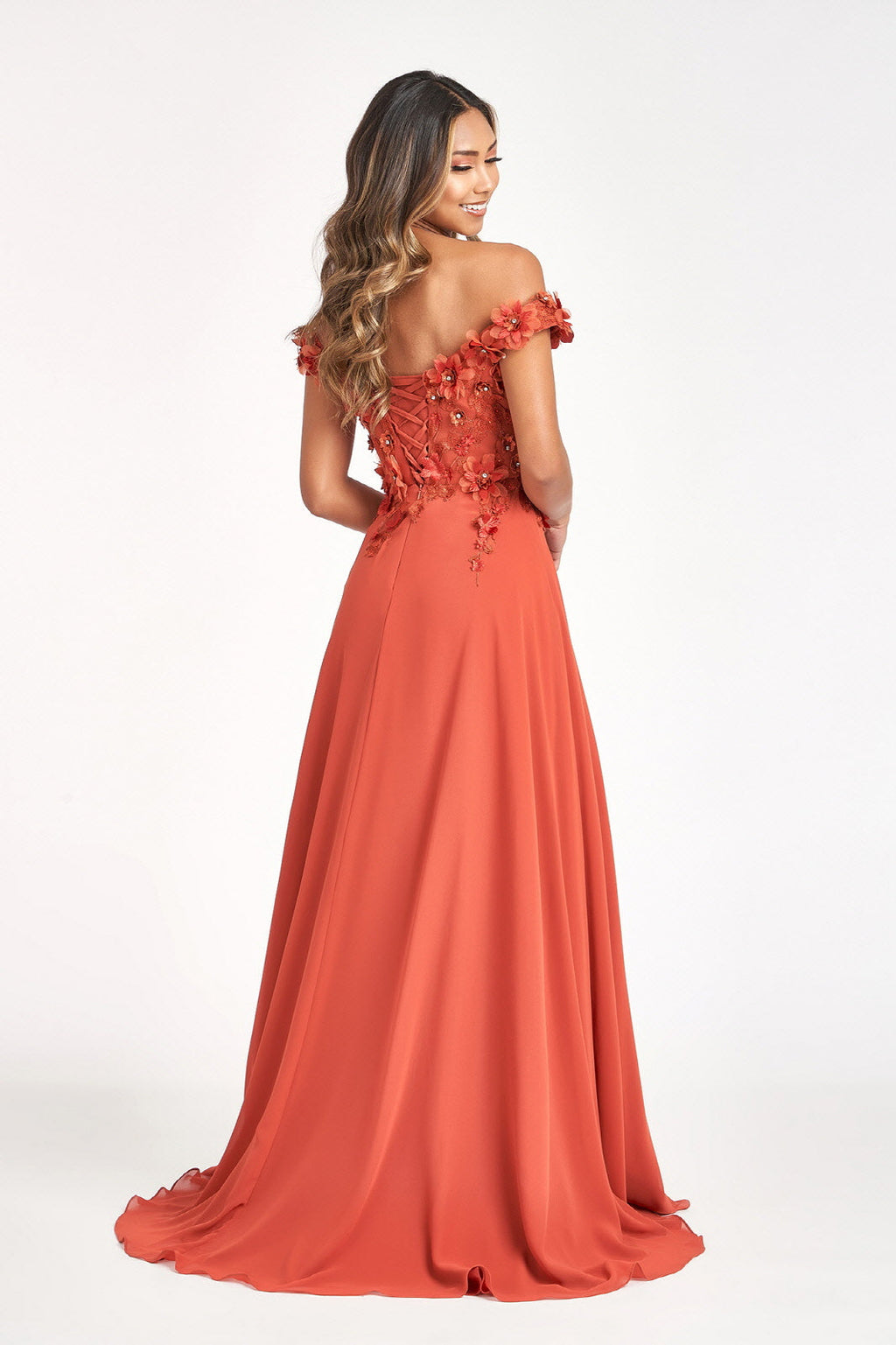 Floral 3D Applique Embellished Bodice A-Line Chiffon Long Prom Dress GLGL3018