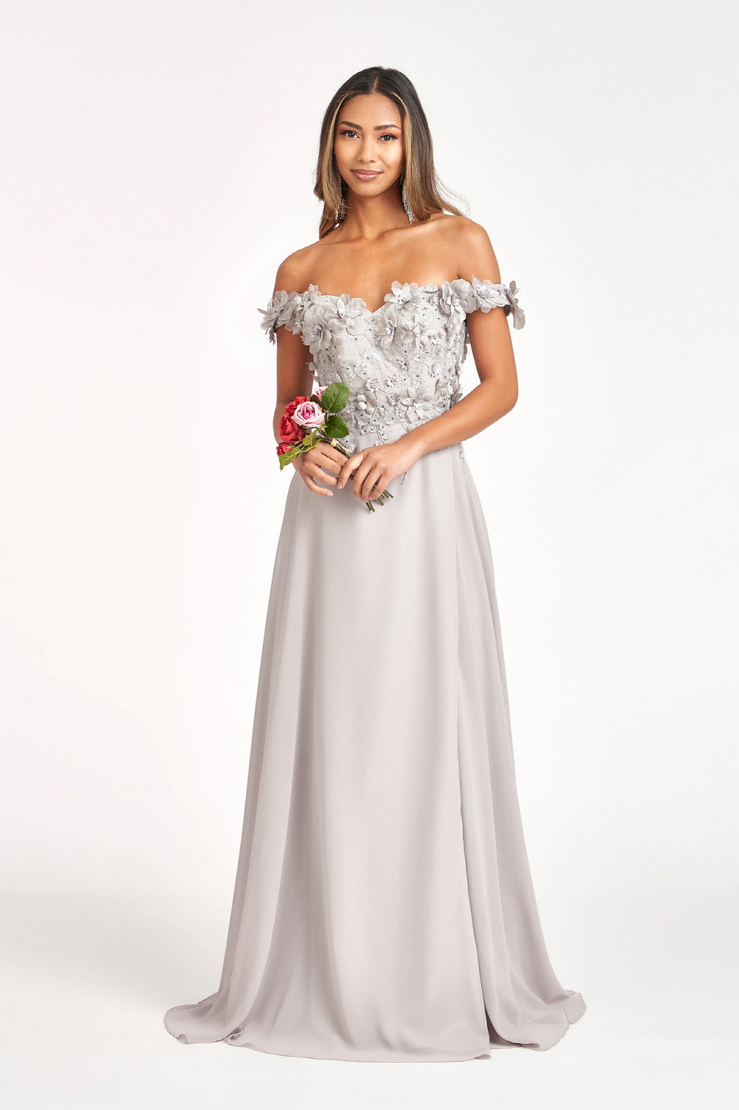 Floral 3D Applique Embellished Bodice A-Line Chiffon Long Prom Dress GLGL3018