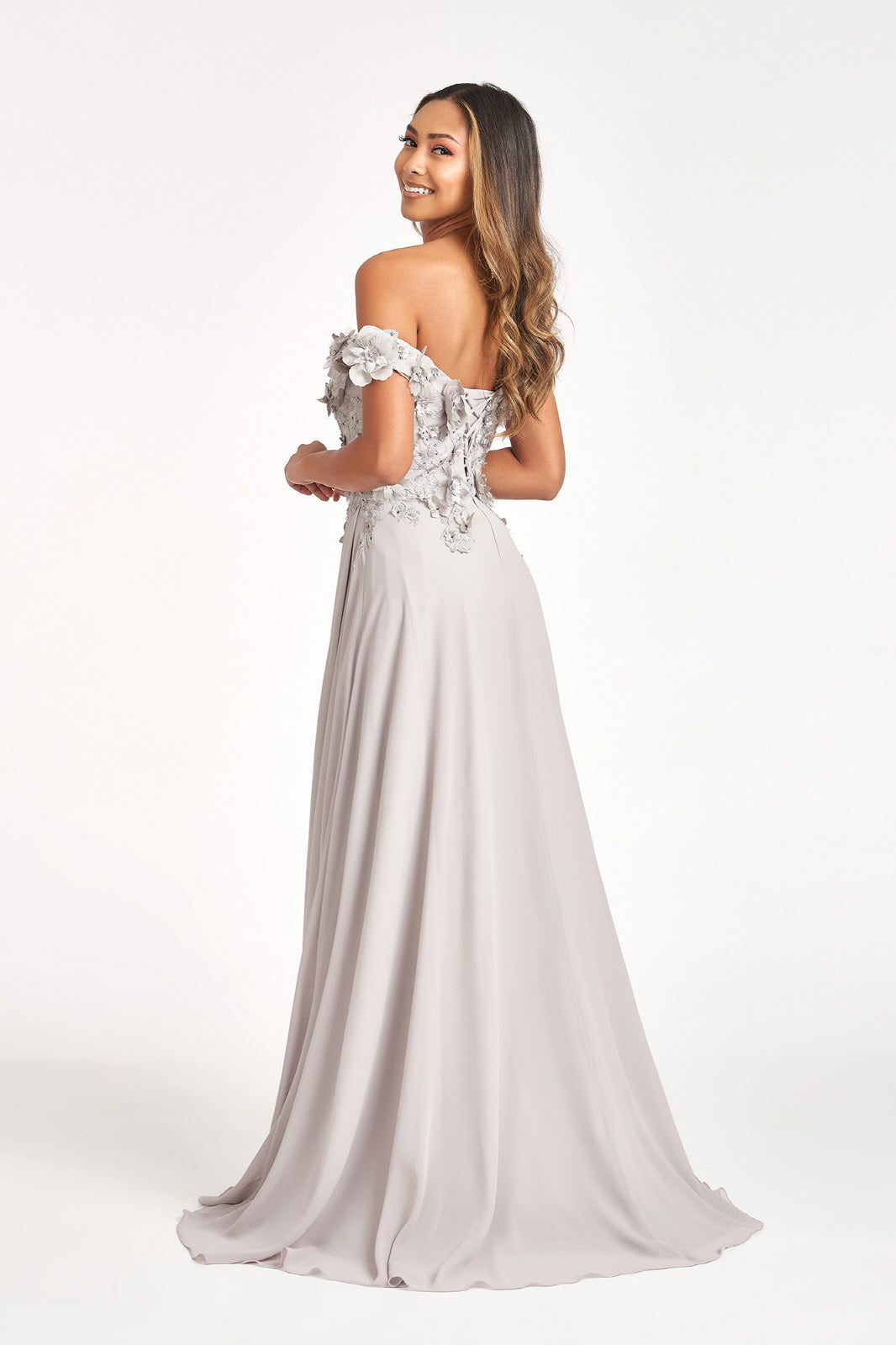Floral 3D Applique Embellished Bodice A-Line Chiffon Long Prom Dress GLGL3018