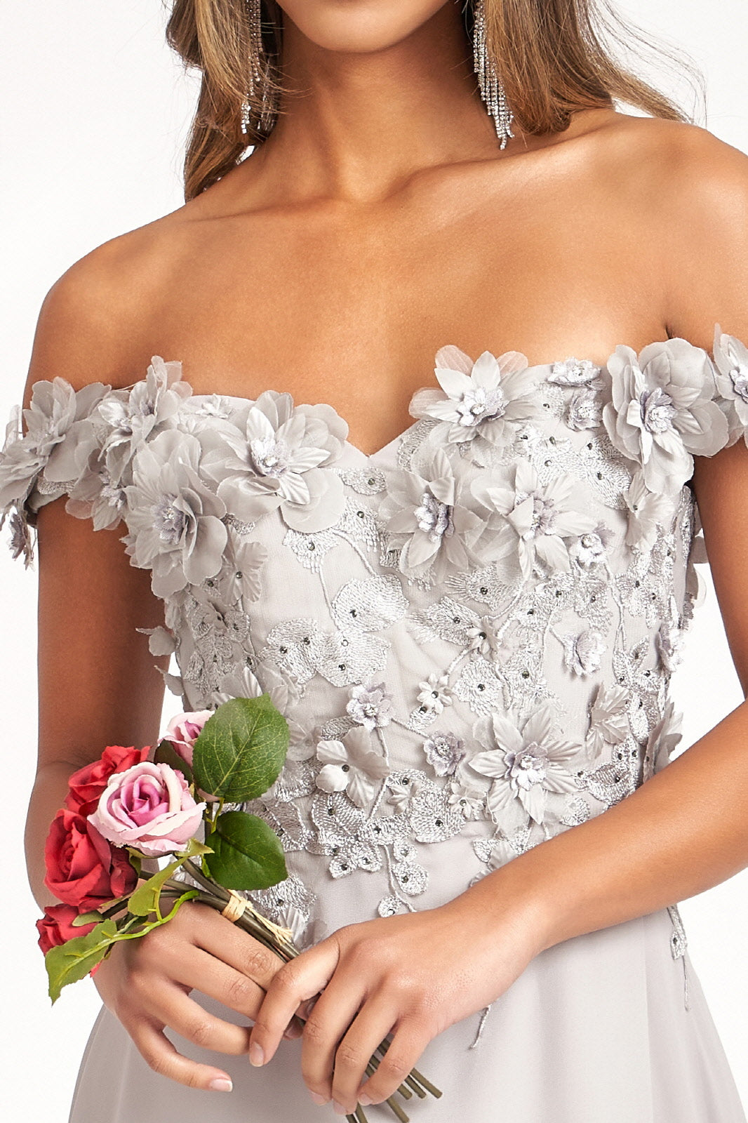 Floral 3D Applique Embellished Bodice A-Line Chiffon Long Prom Dress GLGL3018