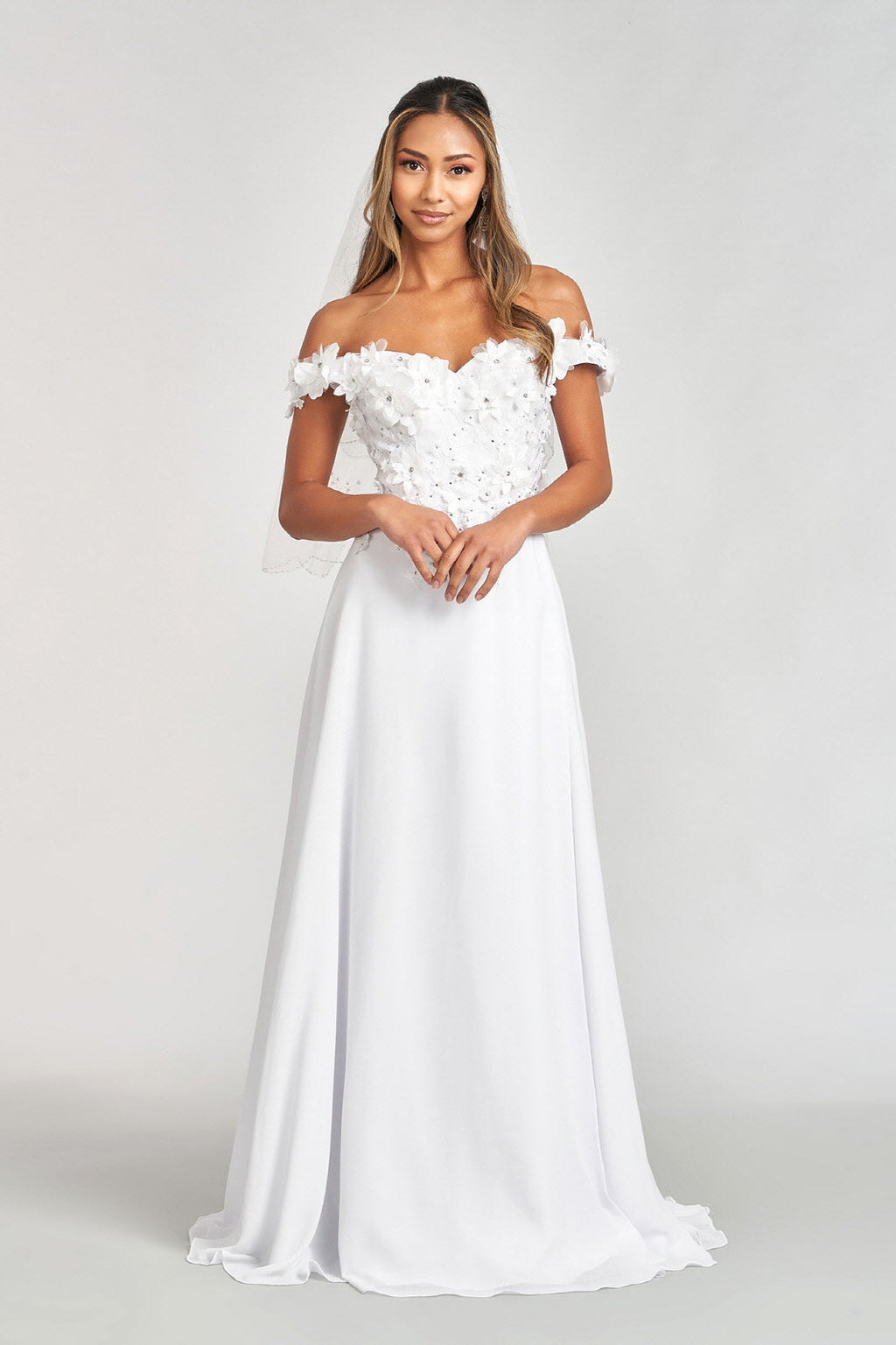 Floral 3D Applique Embellished Bodice A-Line Chiffon Long Prom Dress GLGL3018