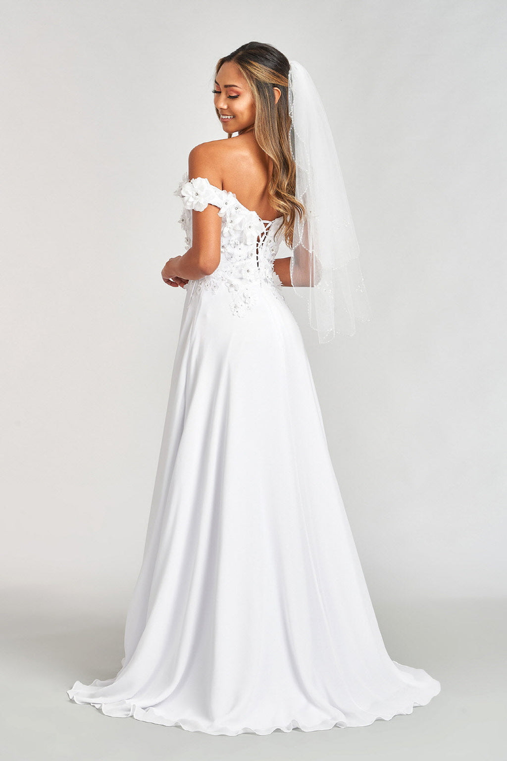 Floral 3D Applique Embellished Bodice A-Line Chiffon Long Prom Dress GLGL3018