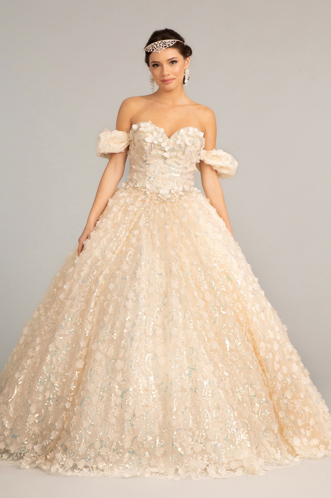 Jewel Embellished Quinceanera Mesh Gown w/ 3D Applique and Corset Bodice GLGL3019