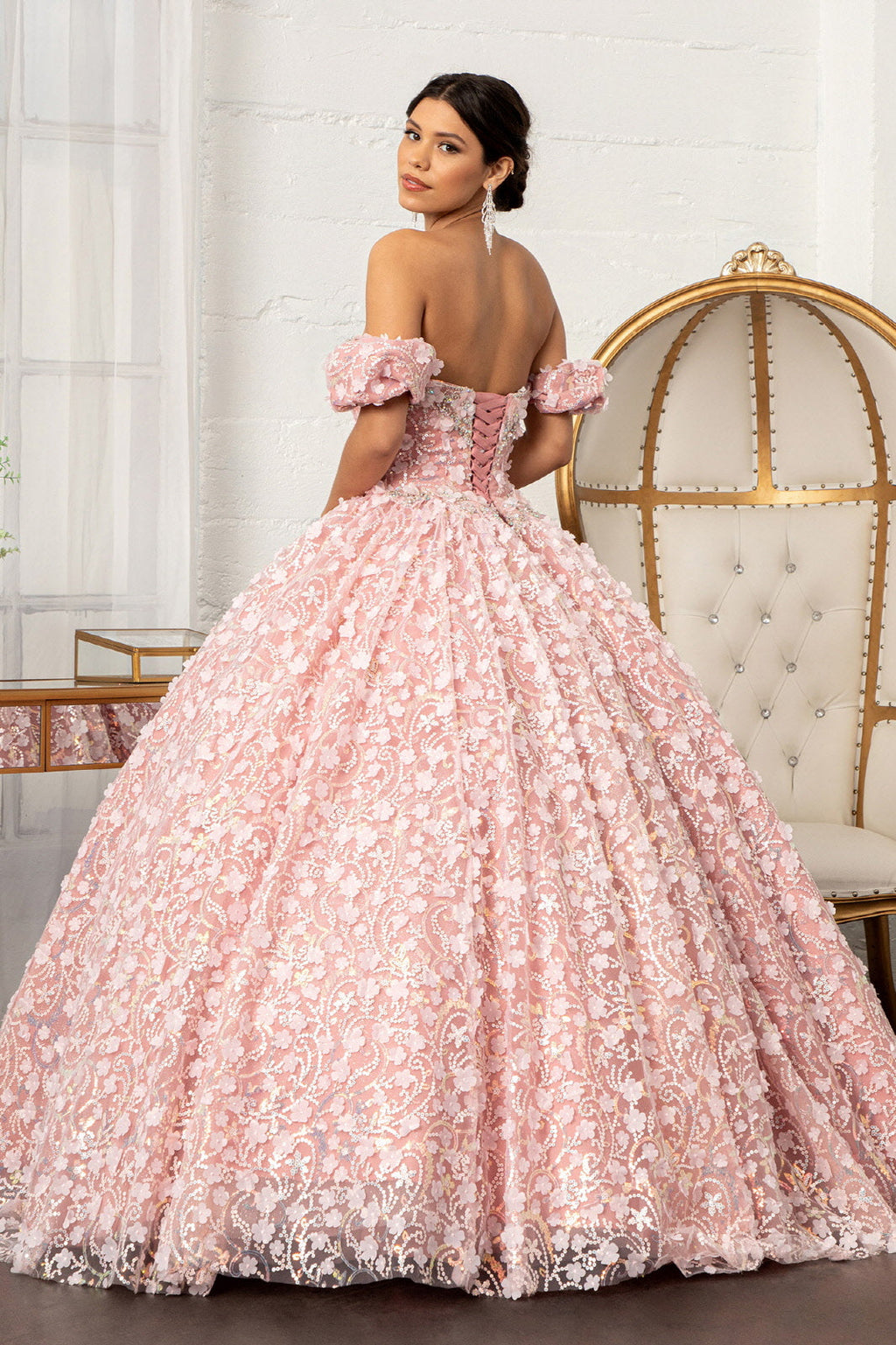 Jewel Embellished Quinceanera Mesh Gown w/ 3D Applique and Corset Bodice GLGL3019