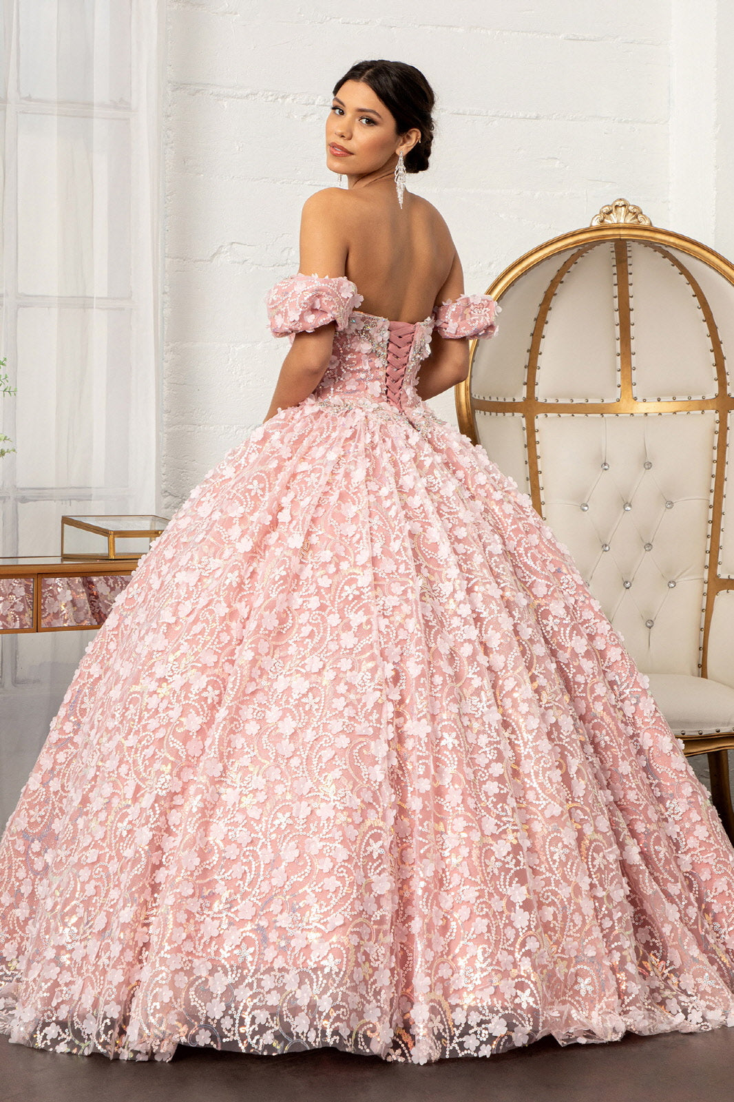 Jewel Embellished Quinceanera Mesh Gown w/ 3D Applique and Corset Bodice GLGL3019