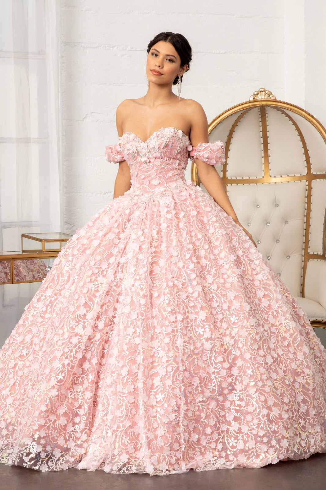 Jewel Embellished Quinceanera Mesh Gown w/ 3D Applique and Corset Bodice GLGL3019
