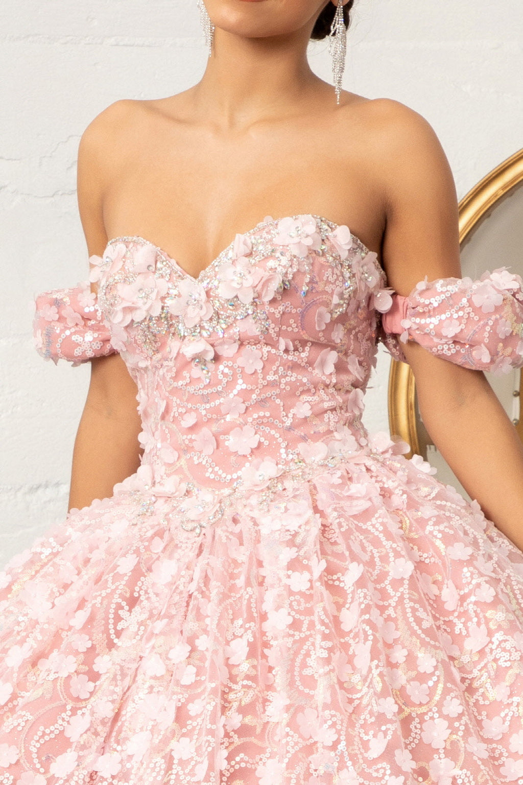 Jewel Embellished Quinceanera Mesh Gown w/ 3D Applique and Corset Bodice GLGL3019