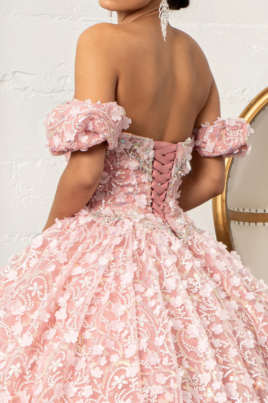 Jewel Embellished Quinceanera Mesh Gown w/ 3D Applique and Corset Bodice GLGL3019