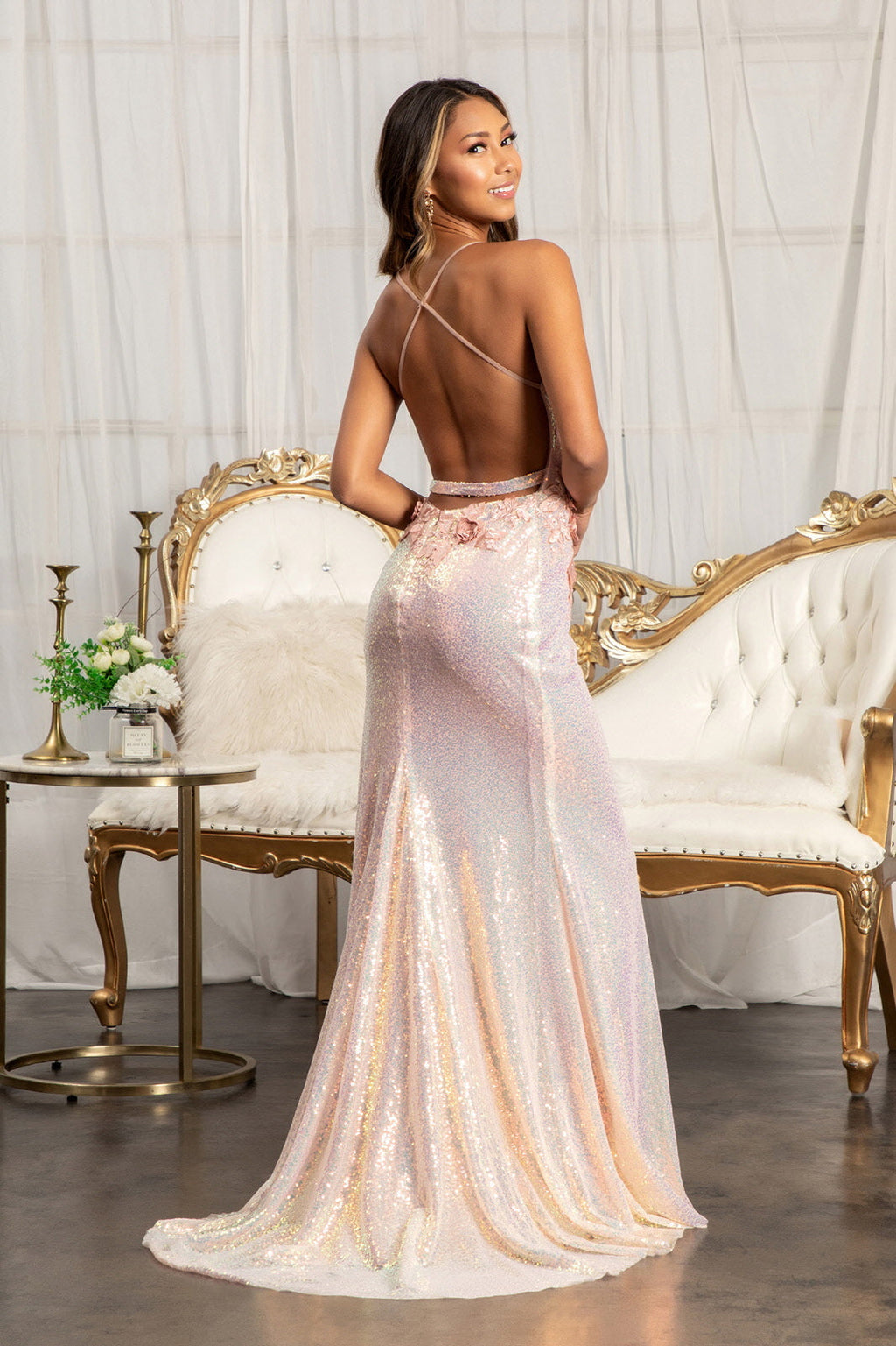 Full Iridescent Sequin Sweetheart Neckline w/ Leg Slit Long Prom Dress GLGL3025