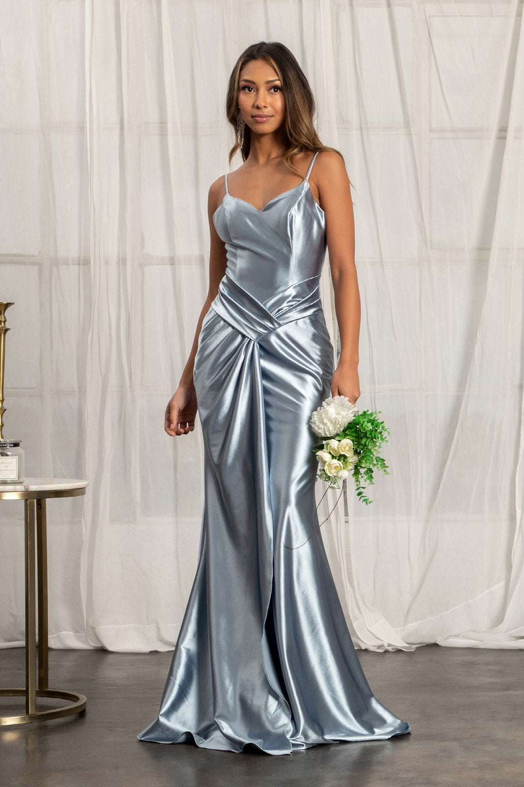 Sweetheart Satin Mermaid Bridesmdi Gown w/ Open Back & Gathered Waistline GLGL3044