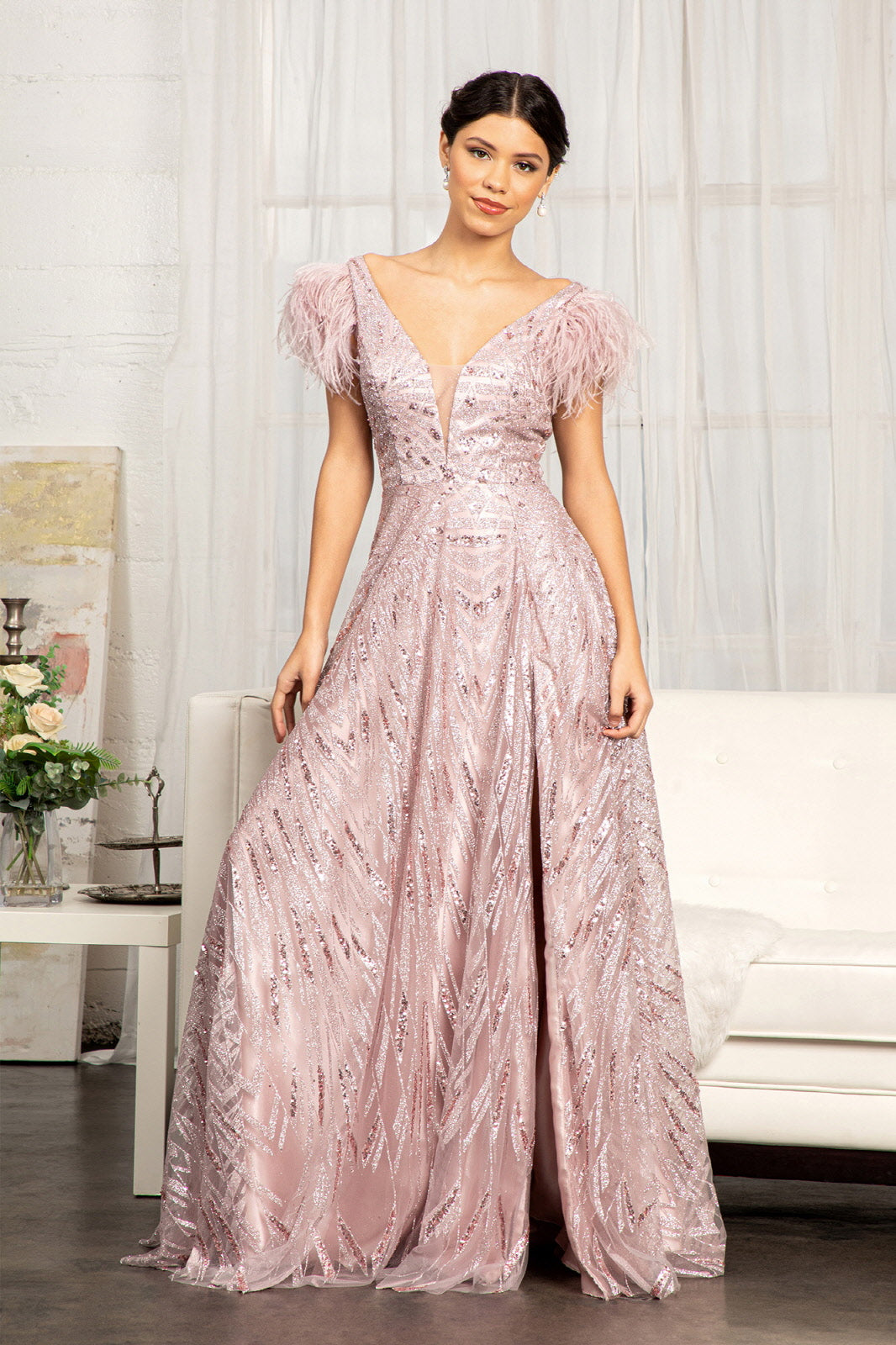 Feather-Shoulder Embellished A-line w/ Open V-back Long Prom Dress GLGL3046