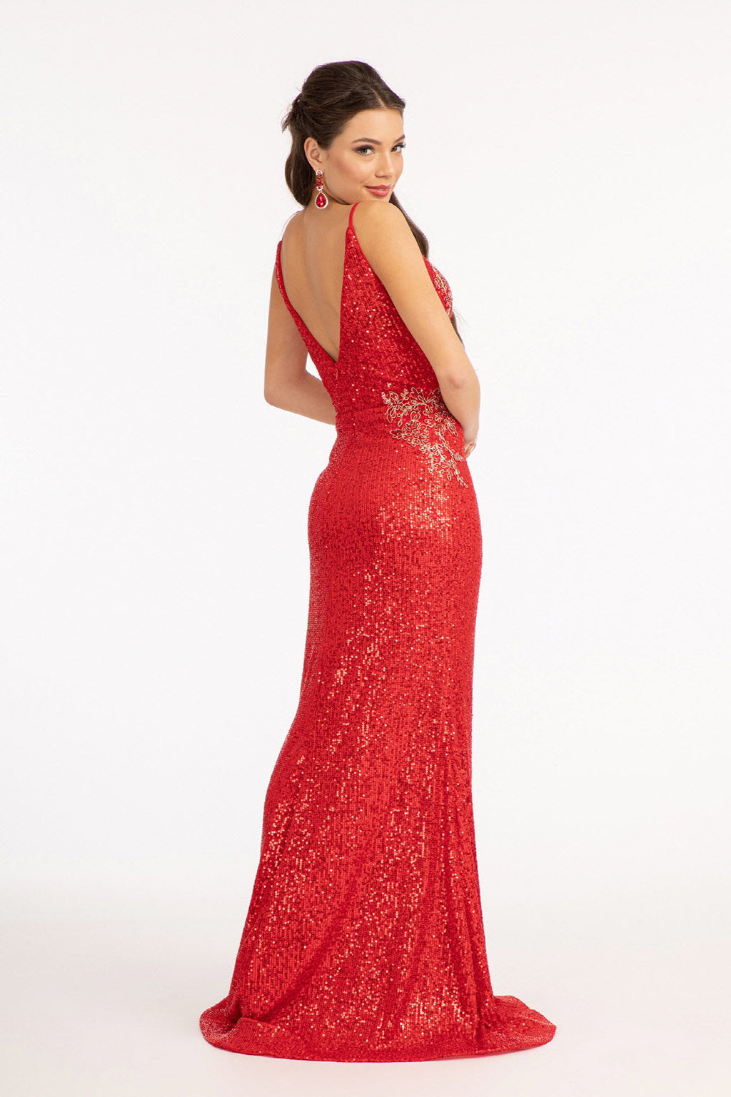 Sequin Embellished Illusion V-neck Mermaid Gown w/ Open V-back & Thin Straps GLGL3053