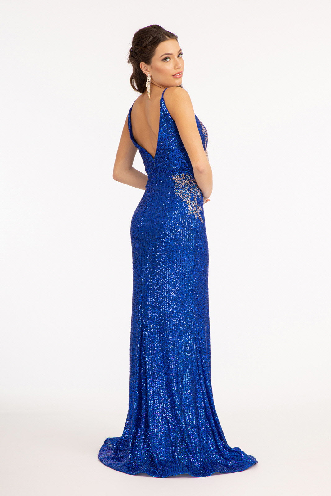 Sequin Embellished Illusion V-neck Mermaid Gown w/ Open V-back & Thin Straps GLGL3053