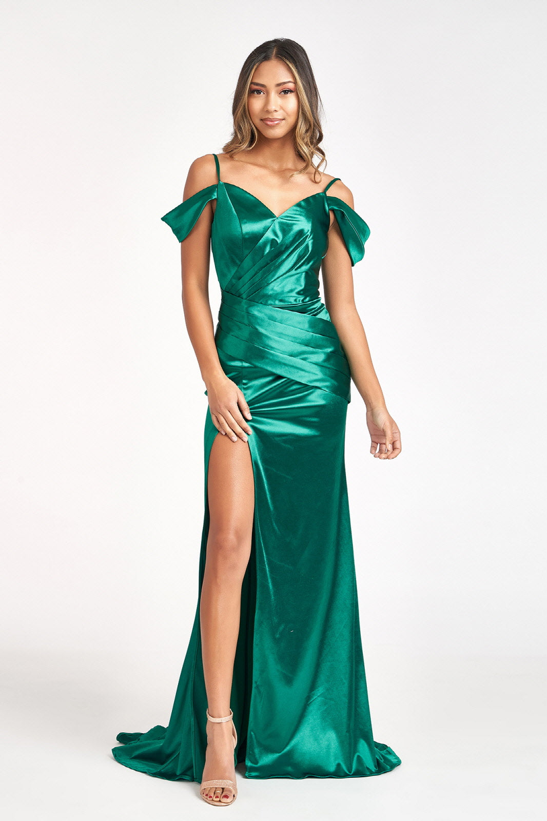 Sweetheart Evening Mermaid Satin Gown w/ Pleated Waist and Off Shoulder Drape GLGL3060