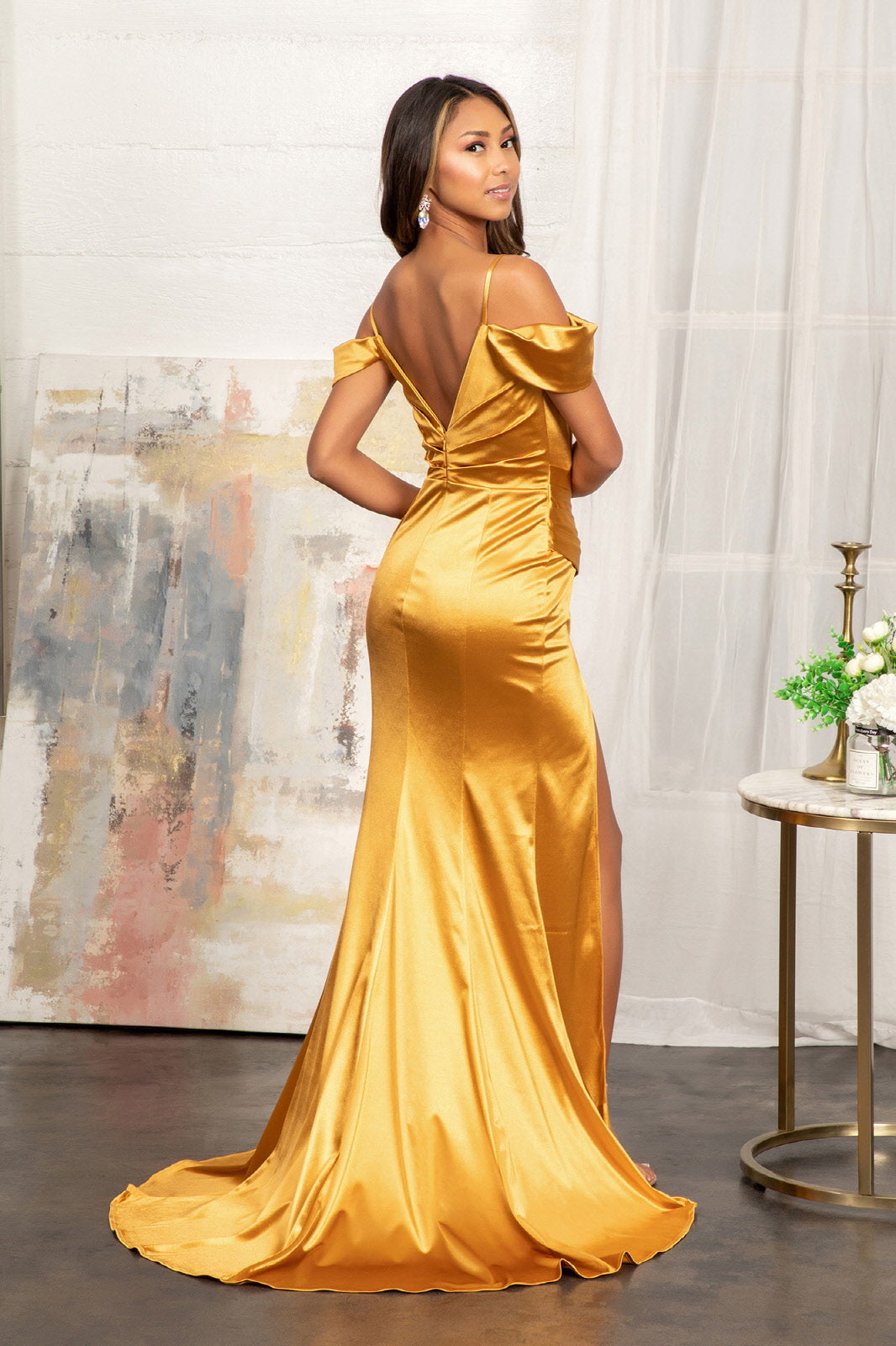 Sweetheart Evening Mermaid Satin Gown w/ Pleated Waist and Off Shoulder Drape GLGL3060