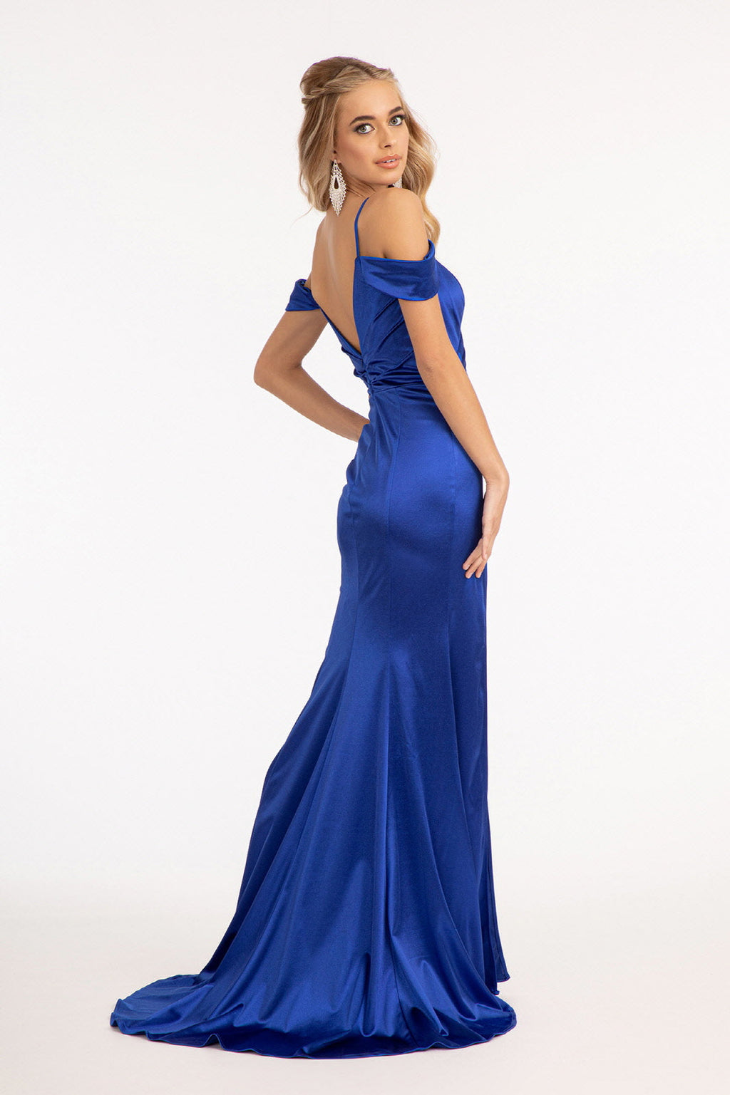 Sweetheart Evening Mermaid Satin Gown w/ Pleated Waist and Off Shoulder Drape GLGL3060