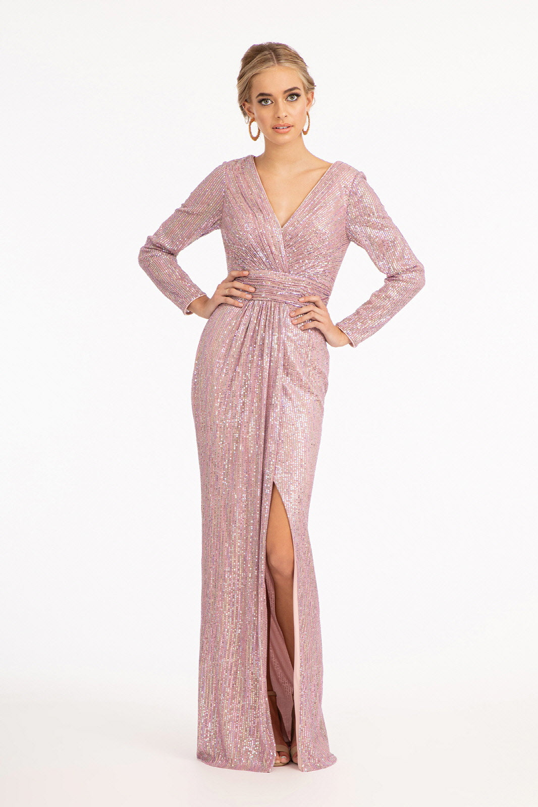 Gathered Waist Sequin Embellished Mermaid w/ Long Sleeves Long Prom Dress GLGL3063